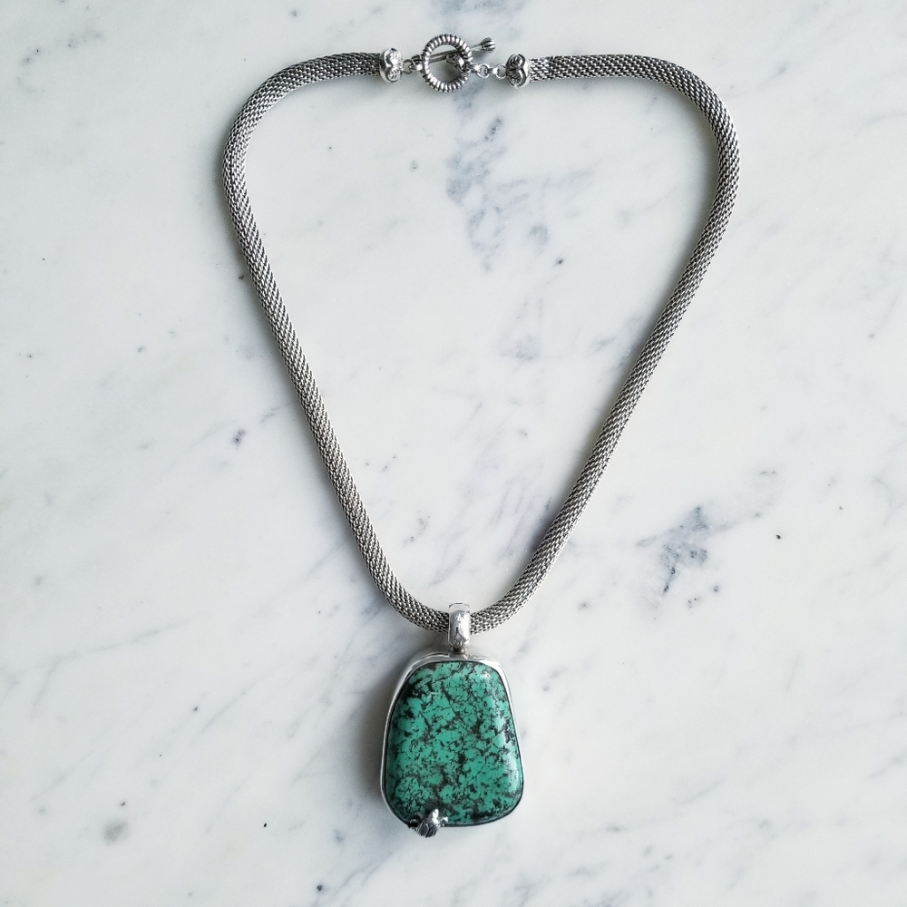 $2195 Stephen Dweck One Of A Kind Turquoise Pendant & Silver Necklace